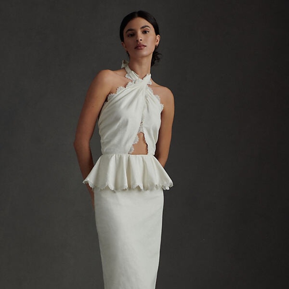 V. CHAPMAN DAISY TWISTED-HALTER MIDI DRESS